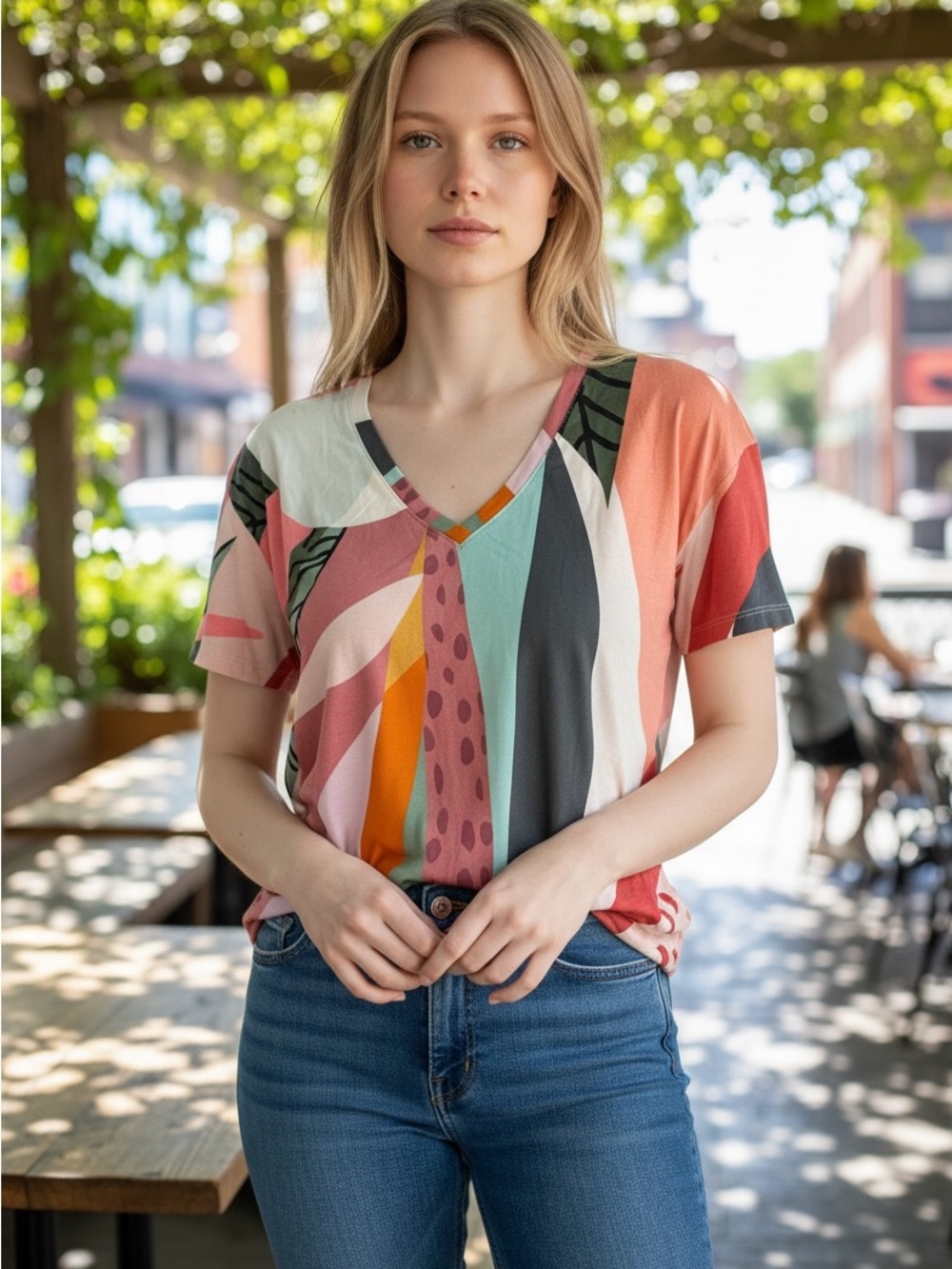 Soma Multicolor Abstract V-Neck Short Sleeve Top